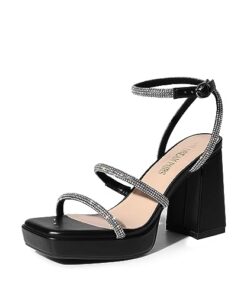 DREAM PAIRS Women’s Platform Strappy Heels Open Toe Ankle Strap Square Party Sandals Y2K Dress Shoes SDHS2346W-1,Black Rhinestone,8