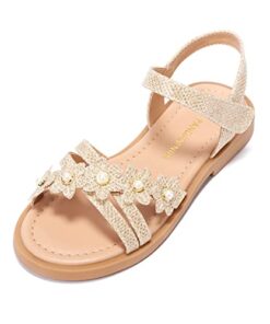 PANDANINJIA Melody Girls Sandals Toddler/Little Kid Open Toe Cute Flower Pearl Flats Dress Sandals Summer Shoes (Gold Glitter, 1 M US Little Kid)