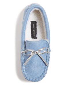 Lucky Brand Girls Plush Glitter Bow Moccasin Slippers, Rubber Sole Indoor Outdoor House Shoes, Kids Bedroom Slipper Moccasins, Denim, Size 13