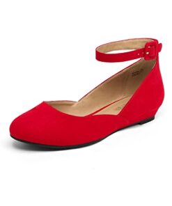 DREAM PAIRS Womens Low Wedge Ankle Strap Casual Flats Shoes, Red Suede – 8 (Revona)