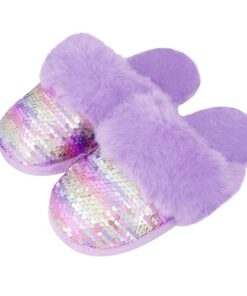 Girls Plush House Slippers Fluffy Sequin Slippers, Cute Faux Fur Slip-on Shoes Memory Foam House Slipper