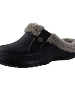 shevalues Fur Lined Clogs for Women Men Winter Waterproof Outdoor Slippers Garden Shoes, Black and Khaki Women Size 8.5-9