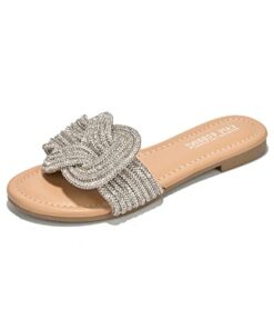 Cape Robbin Jeffer Slide Sandals for Women, Women’s Flat Sandals with Rhinestone-emblished Knot – Nude Size 11