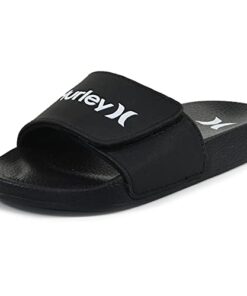 Hurley Comfort Kids Adjustable Slide Sandals – Slip On Slides for Boys and Girls, Black/White, 3 Big Kid