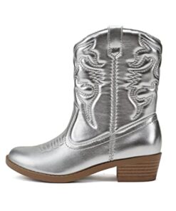 SODA RENO-2 Kids/Girls/Children Western Cowboy Stitched Pointe Toe Low Heel Ankle Mid Shaft Fashion Boots,Silver 4