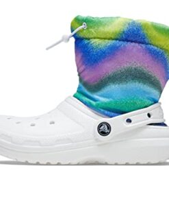 Crocs Classic Lined Neo Puff Fuzzy Winter Boots Snow, White/Multi Spray Dye, 4 US Unisex Big Kid