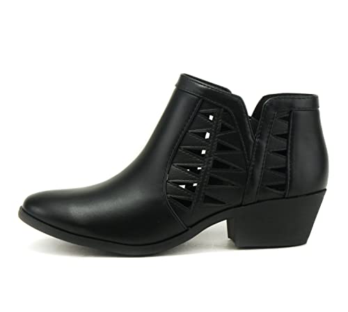 Soda CHANCE Womens Perforated Cut Out Stacked Block Heel Ankle Booties (9, Black PU, numeric_9)