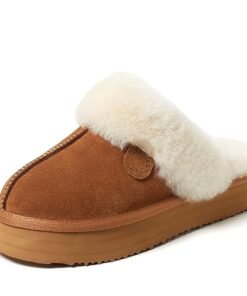 Dearfoams Women’s Fireside Sydney Shearling Fur Indoor/Outdoor Scuff Slipper with Wide Widths, Chestnut Platform, 9