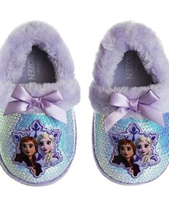 Disney Frozen Elsa & Anna Girls Slippers – Plush Non-Slip Comfy Fluffy Lightweight Warm Comfort Soft Aline Indoor House Slippers – Purple (Toddler 9-10)