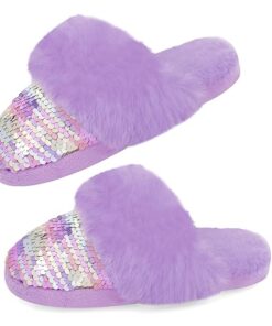 Girls Fluffy Slippers,Sequin Faux Fur Fuzzy Slip-on House Slippers with Memory Foam House Shoes for Girls Bedroom Slippers