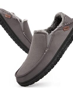 LongBay Men’s Moccasin Slippers Comfy Warm Memory Foam House Shoes for Indoor Outdoor Gray, 11