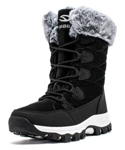 HOBIBEAR Boys Girls Winter Snow Boots Waterproof Insulated Faux Fur Lined Mid-Calf Booties (Black/New,7.5 Big Kid)