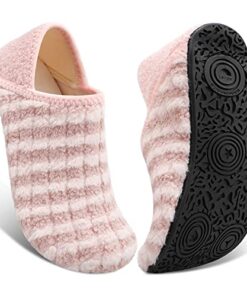 Fires Slippers for Women with Soft Artificial Woolen Womens House Slippers Socks Shoes with Rubber Sole Skin-friendly House Shoes for Women Lightweight Ladies Slippers Around Home Shoes Non Slip for Indoor/Outdoor & Travel PinkStripe 8-9 Women/6.5-7.5 Men