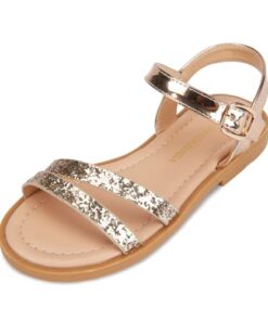 PANDANINJIA Mona Girls Sandals Toddler/Little Kid Cute Open Toe Flats Dress Sandals Summer Shoes (Rosegold Glitter, 2 M US Little Kid)