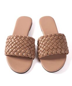 Women Flat Sandals Braided Nude Woven Leather Size 9 Slides Comfort Dressy Summer Wedding Flops Summer (Weave Nude 2, 9)