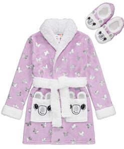 BTween Hooded Terry Robe with Slippers Set for Girls, Unicorn Heart Plush Fleece Robe and Matching Slip-Ons, Size 6/6X