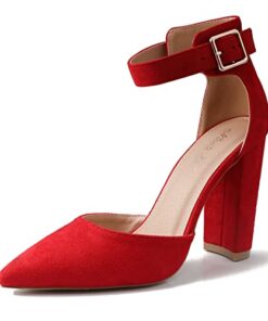 NinetinGel Red Heels.Chunky Heel Pointed Closed Toe Pump Shoes,Party Wedding Fashion Shoes,Gifts for Women Size 8.5
