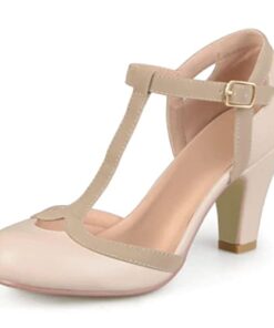 Journee Collection Womens Olina Classic Mary Jane Pumps with T-Strap and Buckle Closure, Nude, 10