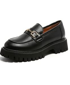 MACNMEUU Platform Loafers for Women Chunky Heel Lug Sole Loafers Slip ons Round Toe Black, Size 8