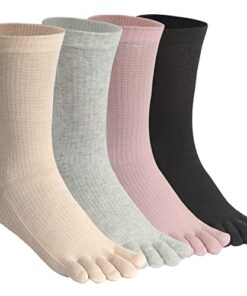 HABITER Women’s Toe Socks Cotton Crew Athletic Running Five Finger Socks 4 Pack (Black&Beige&Pink&Grey)