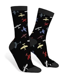 AOYEGO Retro War Planes Pattern Funny Socks Military Old Aeroplane Abstract Fighter Novelty Casual Crew Socks Contrast Color Design for Women Men Gift