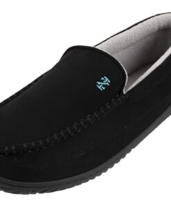 IZOD Men’s Classic Two-Tone Moccasin Slipper, Winter Warm Slippers with Memory Foam, Size 9-10, Solid Black