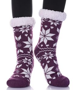 Dosoni Womens Slipper Fuzzy Socks Non Slip Winter Warm Soft Fluffy Cozy Fleece Lining Home Socks Snowflake Purple