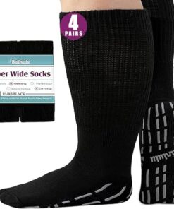 Bulinlulu Extra Width Socks for Swollen Feet-4 Pairs Extra Width Diabetic Wide Socks for Men, Extra Width Hospital Socks Non Slip Diabetic Edema Socks Women,Cast Socks Lymphedema Socks-4 Black