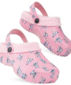 Disney Stitch Clogs Kids – Fleece Lined Girls Clogs Anti Slip Sole Indoor or Outdoor Wear – Stitch Gifts (Pink Stitch, 3-3.5)