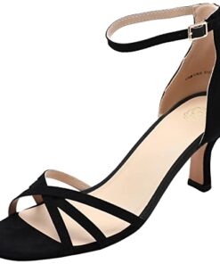 YZ Women’s Low Kitten Stilettos Open Toe Pump Heel Sandals with Ankle Strap (Black, 7)