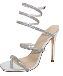 Bonnibel Women Rhinestone Spiral Ankle Wrap Strap High Heels Sandals Patricia-1 Silver 10