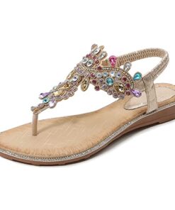 iCKER Women Rhinestone Sandals T-Strap Buckle Bohemian Pearl Crystal Flat Sandals-PD01-Gold-9