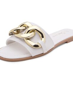 Shoe Land Womens EMMA Flat Sandals Square Open Toe Single Band Slides, White, Size 9.0