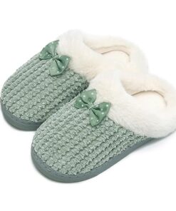 WateLves Girls Slippers Memory Foam Toddler Kids Comfort Wool-Like Plush Fleece Lined House Shoes for Indoor & Outdoor(Green,30/31)