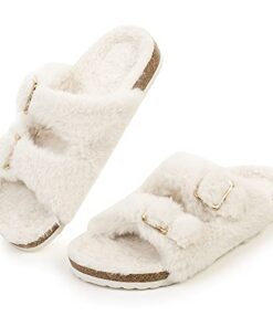 FITORY Womens Open Toe Slipper with Cozy Lining,Faux Rabbit Fur Cork Slide Sandals Beige Size 8.5