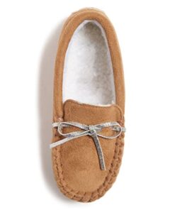 Lucky Brand Girls Plush Glitter Bow Moccasin Slippers, Rubber Sole Indoor Outdoor House Shoes, Kids Bedroom Slipper Moccasins, Tan, Size 2-3