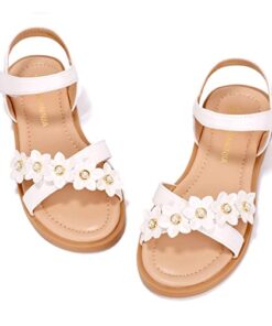 PANDANINJIA Mary Girls Sandals Open Toe Cute Flower Pearl Flats Dress Sandals Cross Strappy Summer Shoes Toddler/Little Kid/Big Kid (White Pu, 1 M US Little Kid)