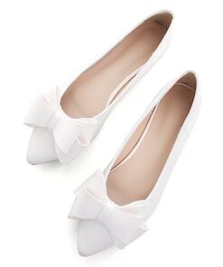 TN TANGNEST Women Fashion Bowknot Flats Comfort Pointed Toe Dress Shoes White 40(8)