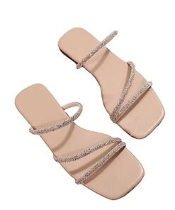 GORGLITTER Women’s Rhinestone Flat Sandals Strappy Slip on Open Toe Slide Sandals Apricot CN38