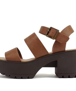 Soda ACCOUNT ~ Women Open Toe Two Bands Lug sole Fashion Block Heel Sandals with Adjustable Ankle Strap (Tan PU, us_footwear_size_system, adult, women, numeric, medium, numeric_7)