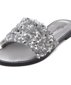 Shoe Land Womens Joli Slip on Slides Open Toe Rhinestone Glitter Flat Sandals Bling Sparkle Casual Shoes, SilverSQ, Size 9.0