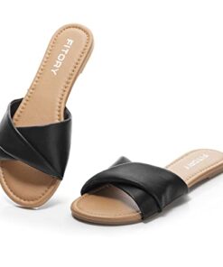 FITORY Women’s Flat Sandals Fashion Slides With Soft Leather Slippers for Summer Black Size 8