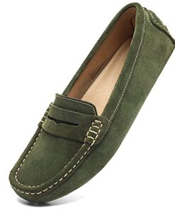 Osslue Women’s Army Green Suede Leather Casual Penny Loafers Retro Ladies Moccasins Driving Mocs Comfort Slip-On Fashion Boat Shoes Classic Flats 8 M US XYM-1208-JLV080