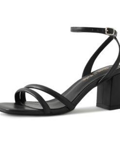 Shoe’N Tale Strappy Heels for Women Square Toe Chunky Block Heels Ankle Buckle Heeled Sandals(8,A-Black)