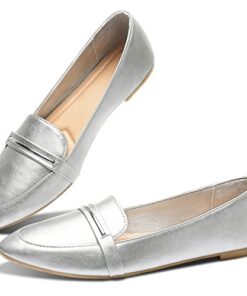 Obtaom Women’s Pointy Toe Loafer Flat Comfortable Faux Leather Work Shoes,Cute Penny Loafer Slip On Ballet Flat(Silver Glitter US8)