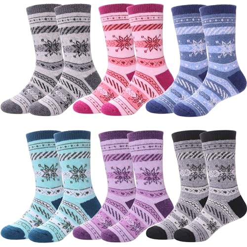 LANLEO Kids Wool Socks For Toddlers Boys Girls Hiking Winter Warm Cozy Thick Heavy Thermal Crew Boot Socks 6 Pairs Snowflake,8-12 Year Old