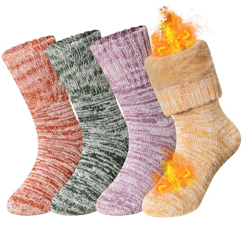 AMENLAN Kids Heated Hiking Socks Winter Children Thick Soft Warm Thermal Snowboarding Boy Girls Insulated Socks 4 Pairs (Multicolor A, 8-12 Years)