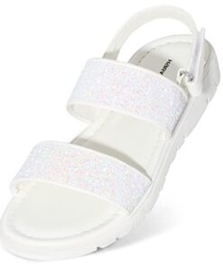 Harvest Land Girls Glitter Sandals Two Strap Open Toe Hook and Loop Summer Flats Shoes with Slingback White Size 3 Little Kid