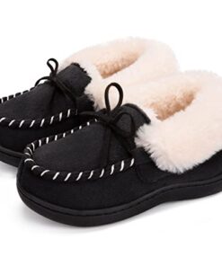 MERRIMAC Girls Dinghy Fuzzy Faux Suede Memory Foam Moccasin Slippers Plush Lined House Shoes for Kids with Indoor and Outdoor Sole (Size 13-14 Little Kid, Black)