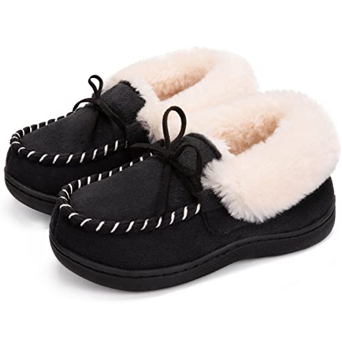 MERRIMAC Girls Dinghy Fuzzy Faux Suede Memory Foam Moccasin Slippers Plush Lined House Shoes for Kids with Indoor and Outdoor Sole (Size 13-14 Little Kid, Black)
